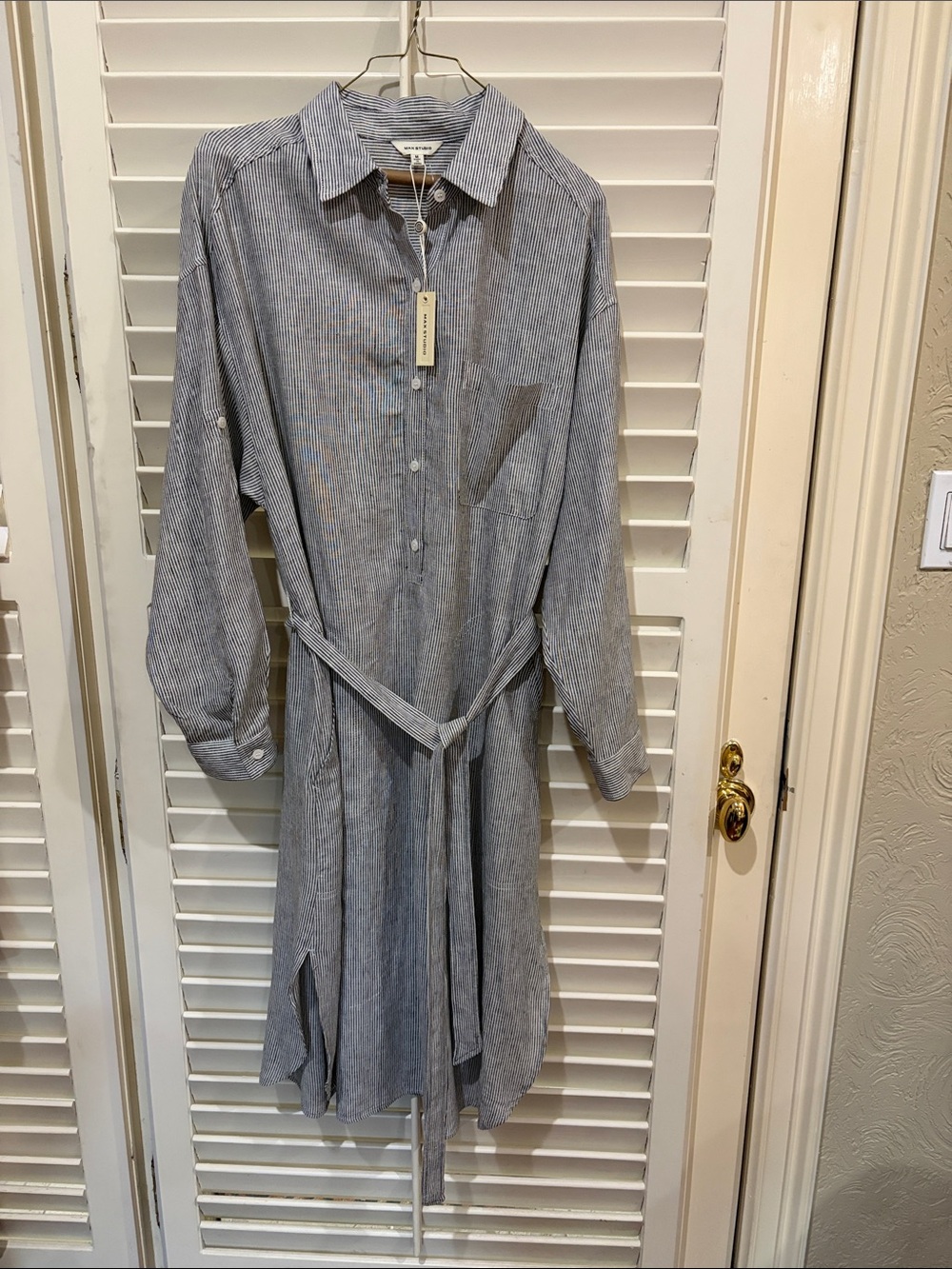 Max Studio Navy and White Micro-Stripe Button Front Dress. Size M. NWT